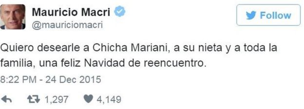 Tweet by Argentina's prime minister Mauricio Macri congratulating Maria Mariani - 24 December 2015