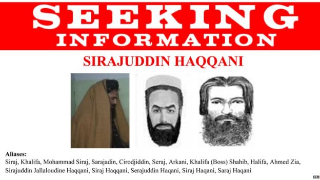 A US wanted poster for Afghan militant Siraj Haqqani
