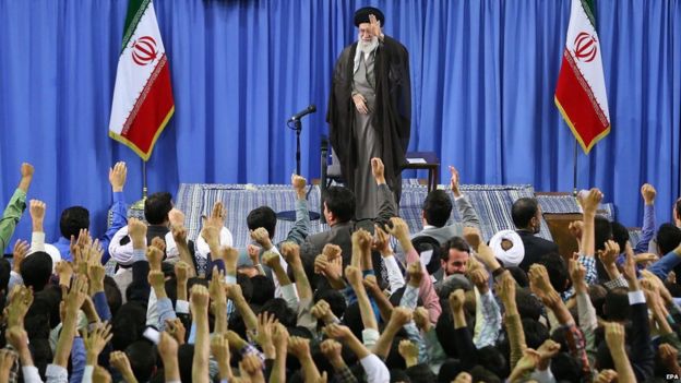 Ayatollah Ali Khamenei waves to students in Tehran (11 July 2015)