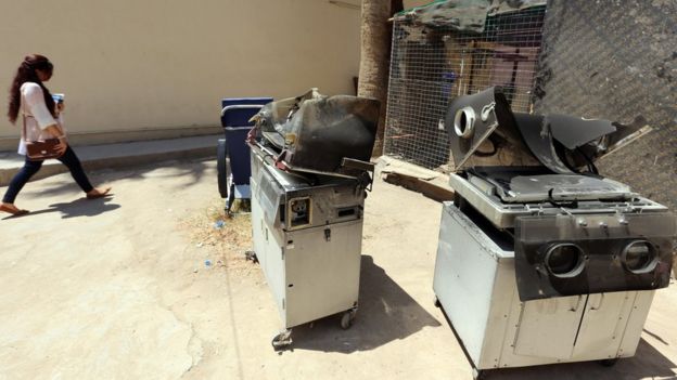 Burnt incubators outside the Yarmouk Hospital in Baghdad after a fire that killed 12 babies (10 August 2016)