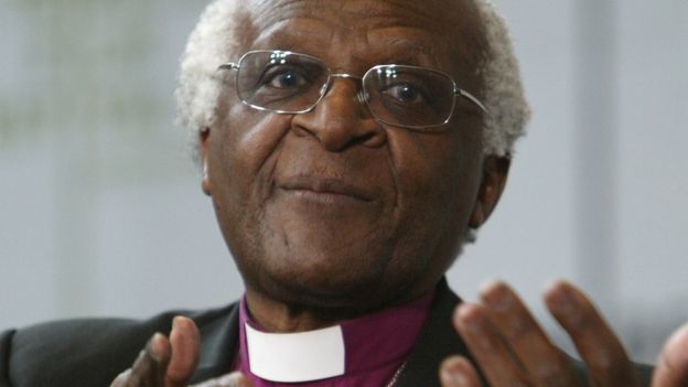 The Most Reverend Desmond Tutu, Anglican Archbishop Emeritus of Cape Town, speaks at a press conference in New York City, 1 May 2004