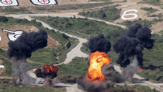 South Korea military soldiers take part in the South Korea and U.S. joint military exercise at the Seungjin firing drill ground on August 28, 2015 in Pocheon, South Korea.