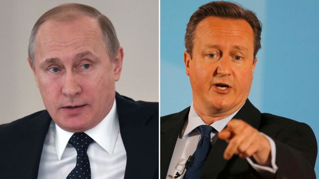 President Vladimir Putin (L) and Prime Minister David Cameron (file pics)