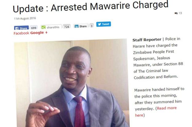 Screengrab from Zimbabwean website Zimeye