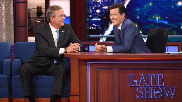 Jeb Bush and Stephen Colbert