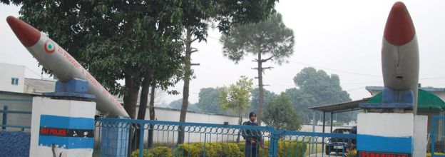 Indian air force soldiers stand in position outside the Air Force base following an encounter with militants at Air Force base in Pathankot