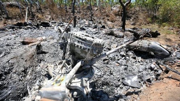 View of the remains of the Mexican military helicopter Cougar EC725 in Villa Vieja community, Villa Purificacion, Jalisco State, on 6 May, 2015