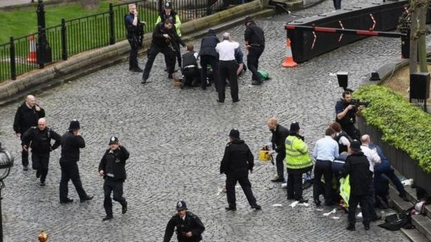 英国议会大厦外面周三（22日）发生枪击事件，警方封锁现场及周边地段。