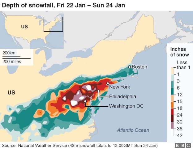 Map showing snowfall across eastern US - 24 January 2016
