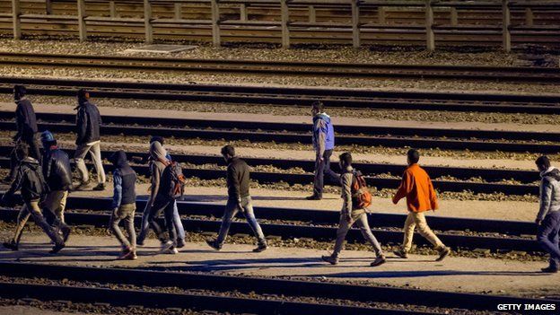 Migrants on tracks at Calais