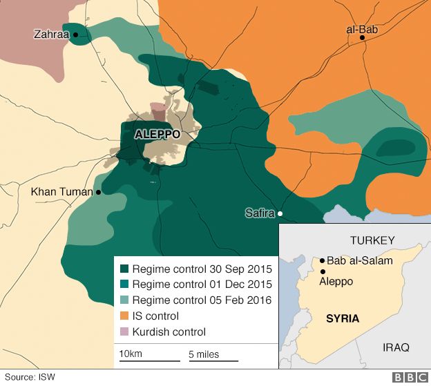 A map showing how Syrian government forces have gradually surrounded Aleppo