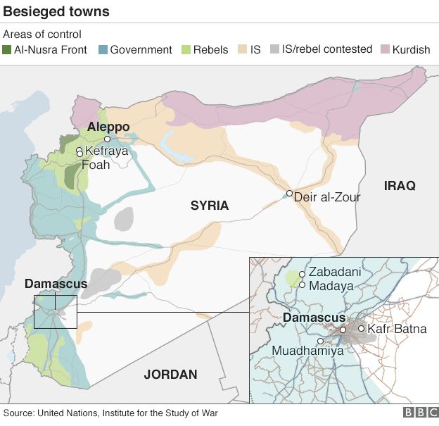 Map of Syria showing locations of besieged towns