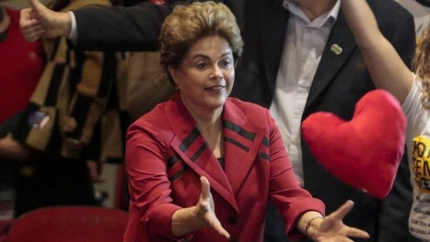 Brazilian suspended President Dilma Rousseff gestures during a rally in Sao Paulo, Brazil on August 23, 2016.