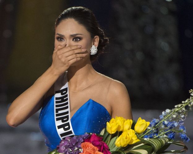 Miss Philippines Pia Alonzo Wurtzbach reacts to the announcement establishing her as Miss Universe 2015