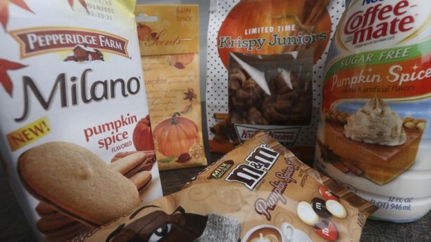 Pumpkin spice products ranging from cookies and donuts to candy and air freshener are shown in Atlanta