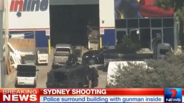 A 7News screenshot of the siege at an industrial area in Ingleburn, Sydney