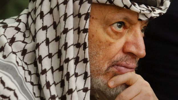 Palestinian leader Yasser Arafat attends prayers at his headquarters in the West Bank town of Ramallah, 17 May 2002