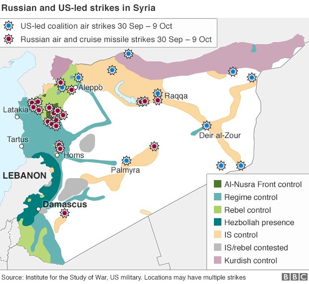 Map showing Russian and U.S. led strikes in Syria between September 30th and October 9th in 2015