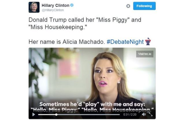 Screen grab of tweet posted by Hillary Clinton with a video in which Alicia Machado claims she was called 