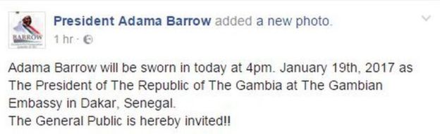 Barrow to be sworn in  as Gambia’s President in Senegal