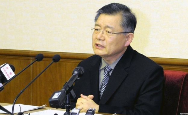 Hyeon Soo Lim speaks during a news conference at the People's Palace of Culture in Pyongyang, in this undated photo released by North Korea