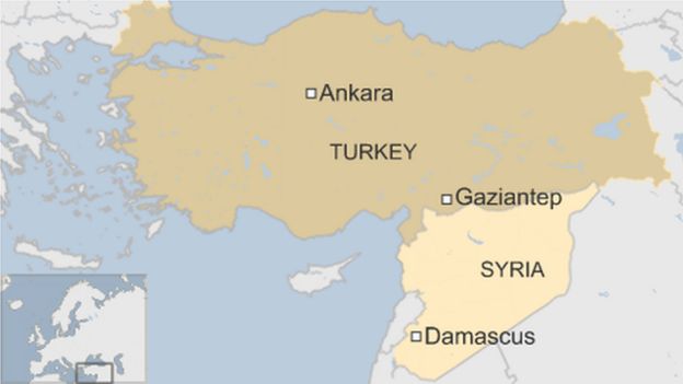 map of Turkey and Syria showing Gaziantep close to Syrian border