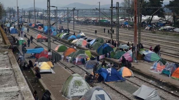 A makeshift camp at the Greek-Macedonian border, near the Greek village of Idomeni