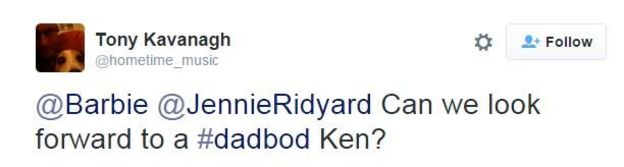 Tweet reads: Can we look forward to a dadbod Ken?