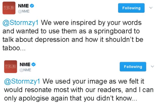 NME's tweet: We were inspired by your words and wanted to use them as a springboard to talk about depression and how it shouldn't be taboo.