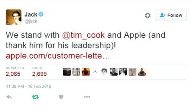 Jack Dorsey said he stood by Tim Cook on his refusal to decrypt the iPhone