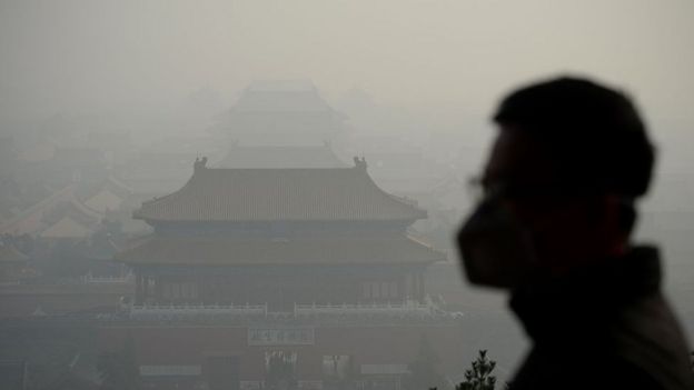 A wearing a face mask visits a park near the Forbidden City during heavy smog in Beijing