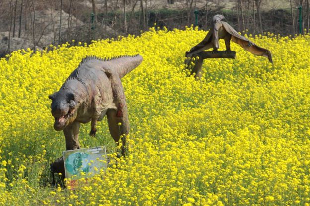 சீனாவில் மலர் தோட்டத்தில் தத்ரூப டைனோசர்கள் (புகைப்படத்தொகுப்பு)