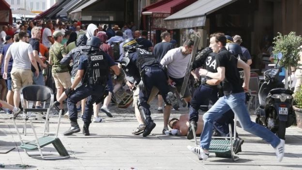 Scene of police clashing with fans in Marseille