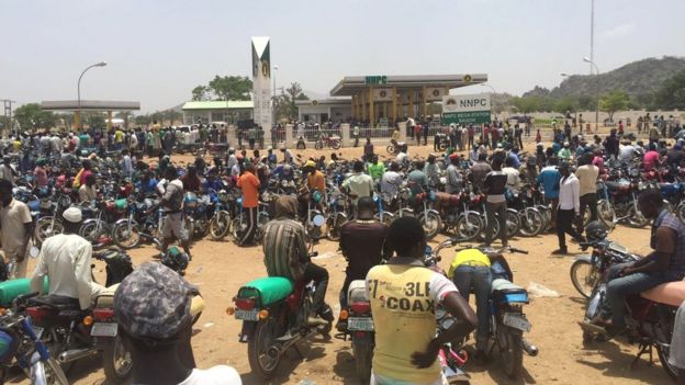 Bikers waiting at a fuel station in northern Nigeria - April 2016