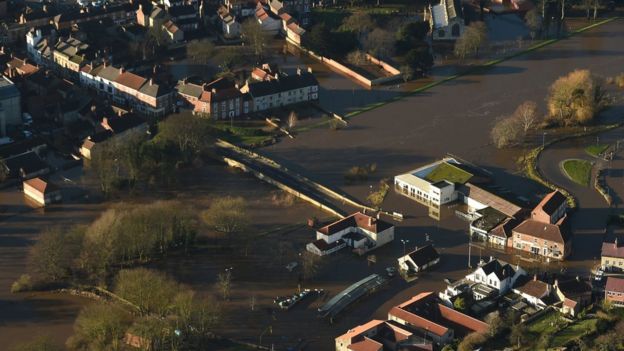 The flooded town of Tadcaster in Yorkshire, UK