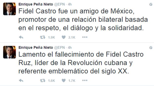 Tuit de Peña Nieto, lamentando el fallecimiento de Fidel Castro