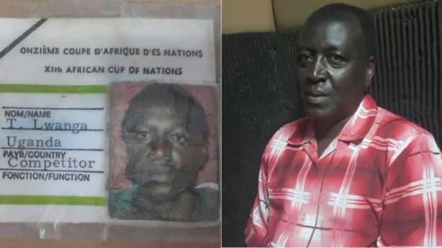 Composite photo shows defender Tom Lwanga's 1978 Afcon accreditation, next to a photo of him now
