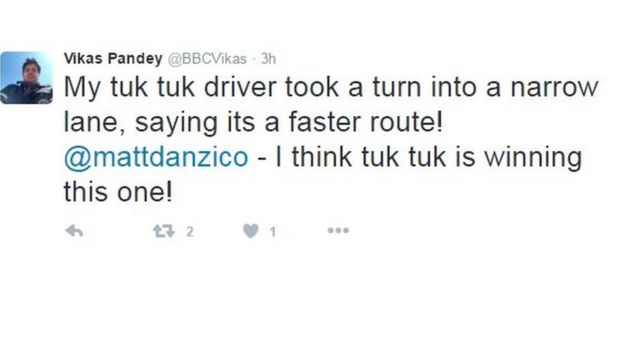 Text reads: My tuk tuk driver took a turn into a narrow lane, saying its a faster route! @mattdanzico - I think tuk tuk is winning this one!