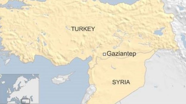 Map of Turkey and town of Gaziantep, near Syrian border