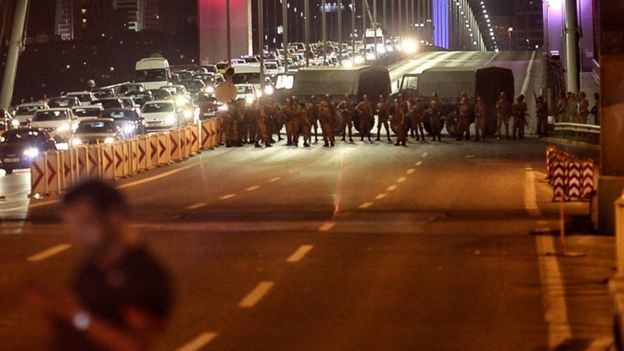 The Bosphorus bridge was blocked off by military units