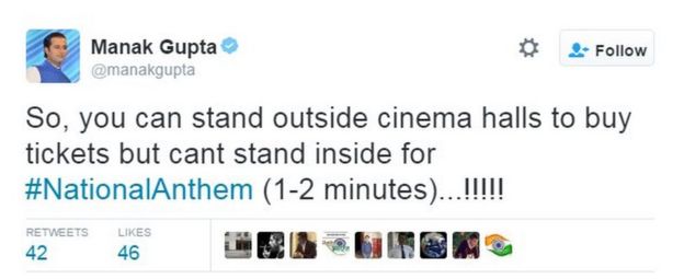 So, you can stand outside cinema halls to buy tickets but cant stand inside for #NationalAnthem (1-2 minutes)...!!!!!