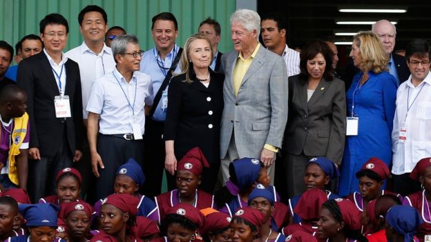 Bill Clinton and US Secretary of State Hillary Clinton at the grand opening of the Caracol Industrial Park in Caracol, Haiti, on 22 October 2012
