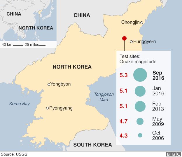 Map showing the locations and the magnitude of the seismic events triggered by North Korea's nuclear tests