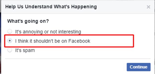 Facebook screen for reporting content