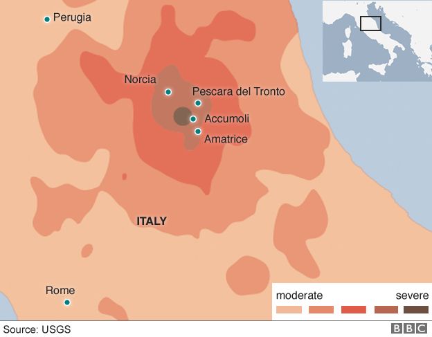 Map showing towns affected by the earthquake and their proximity to Perugia and Rome