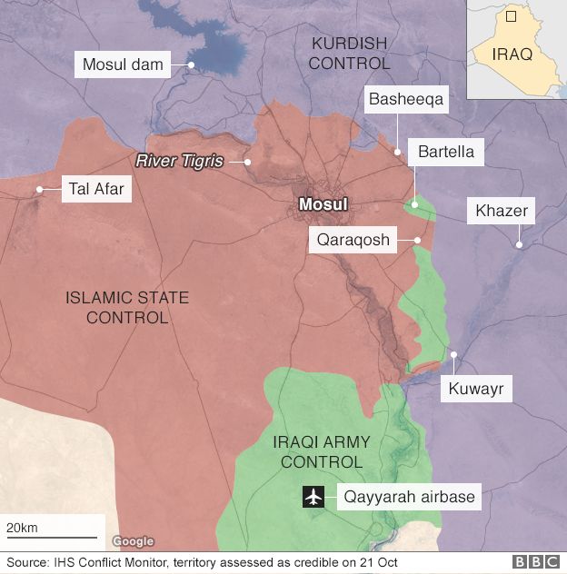 BBC map showing large swathe of northern Iraq centred on Mosul and under the control of so-called Islamic State, with, to the east, three areas under Iraqi armed forces control, and further north, areas under Kurdish control, 21 October 2016