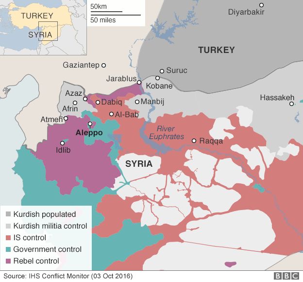 Map showing control of northern Syria - 3 October 2016