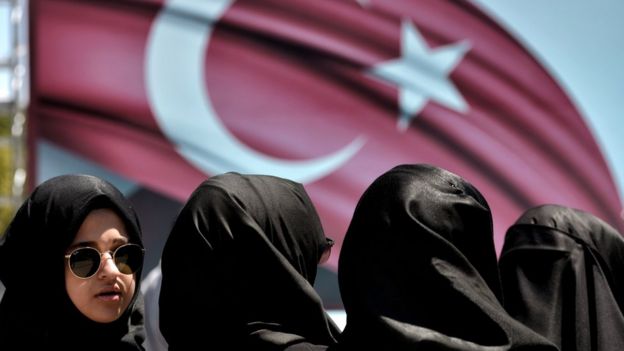 Women attend a demonstration in support of Turkish President Recep Tayyip Erdogan