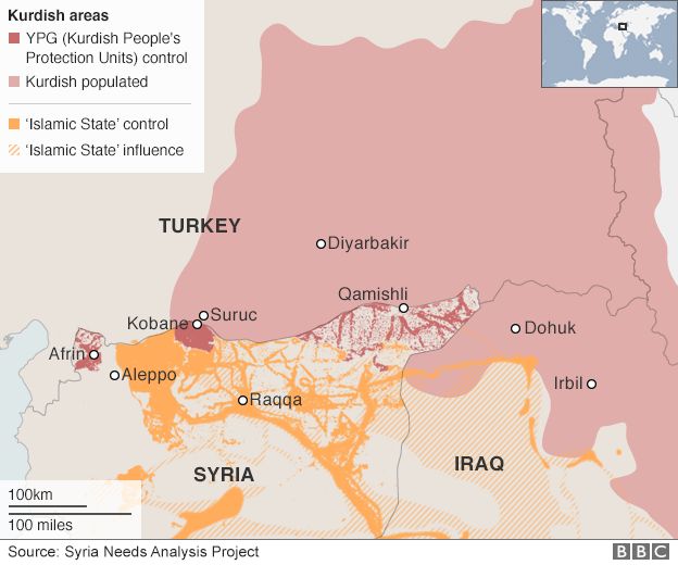 Map: Kurdish populated areas in Turkey, Syria and Iraq