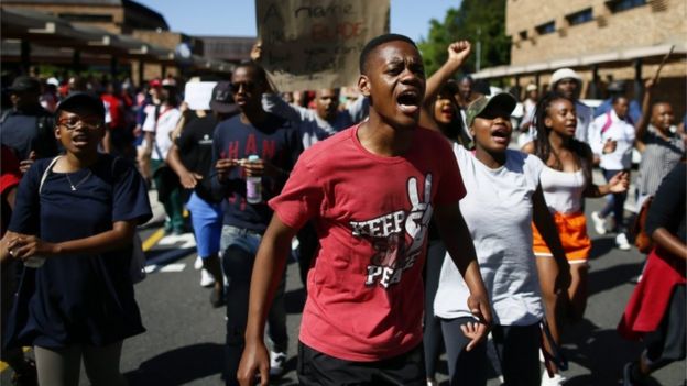 South African students protest on the University of Cape Town (UCT) campus, in Cape Town, South Africa, 22 October 2015